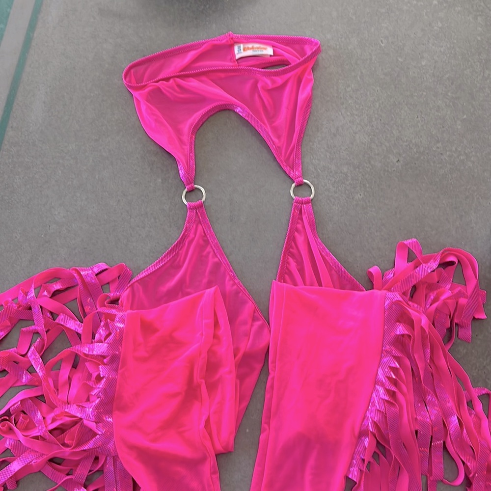 Bright Pink Women's Fringe Mesh Halter Bodysuit